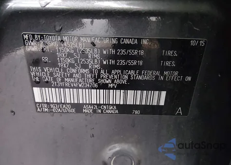 2015 Toyota Rav4 Limited z USA, uszkodzony, nr VIN 2T3YFREV4FW234706